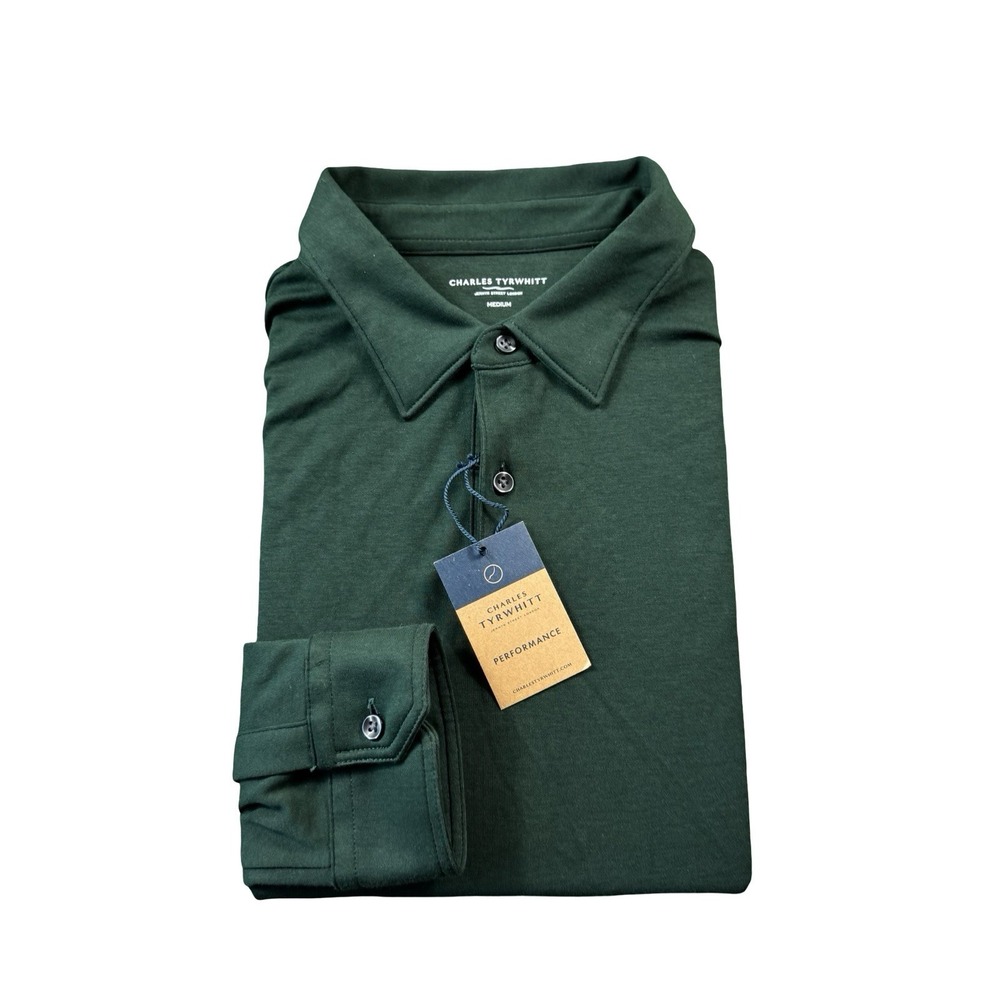 Charles Tyrwhitt Forest Green Performance Long Sleeve Jersey Polo Mens M JEP0450